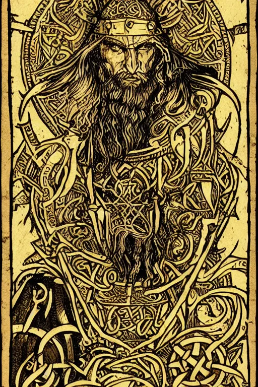 Prompt: tarot card, viking style, medieval concept art, intricate illustration, detailed