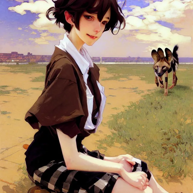 Image similar to a female character inspired by an african wild dog, flannel shirt and shorts, brown white and black short hair, basic background, krenz cushart, mucha, ghibli, by joaquin sorolla rhads leyendecker, by ohara koson