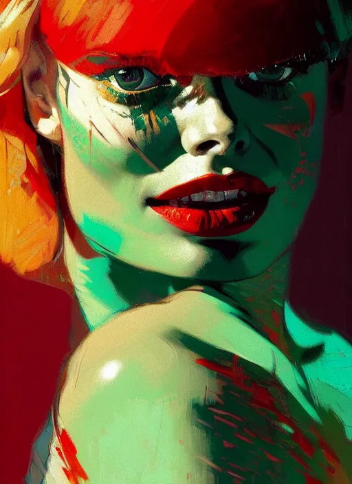 Prompt: close up portrait of ymargot robbie, sensual, ecstatic, shades green and red, beautiful face, rule of thirds, intricate outfit, spotlight, by greg rutkowski, by jeremy mann, by francoise nielly, by van gogh, digital painting