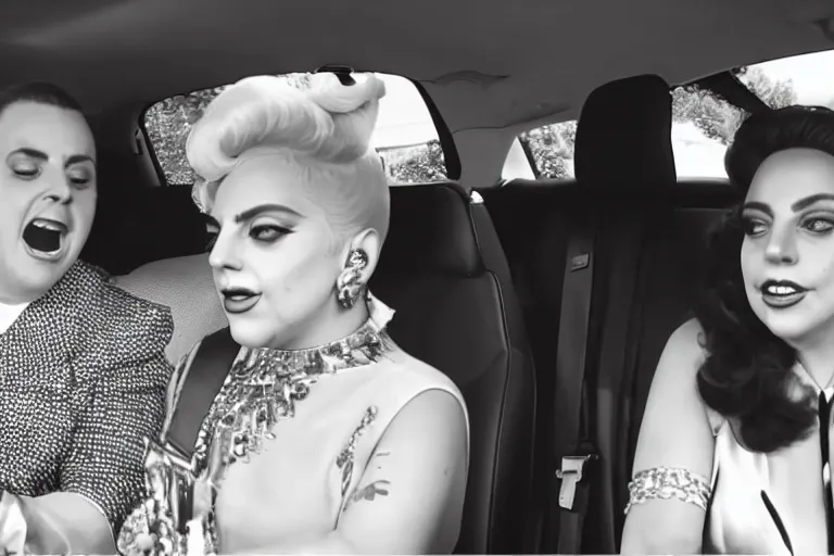 Image similar to lady gaga and judy garland doing carpool karaoke, lady gaga and judy garland, carpool karaoke, lady gaga, judy garland, carpool karaoke, youtube video screenshot, the late late show with james corden, higly realistic, high resolution, dashcam