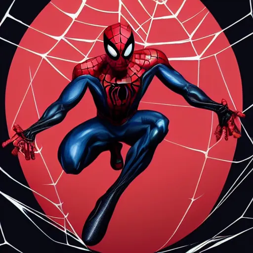 Prompt: spider-man wearing his black symbiote costume, red webs shooting from his eye sockets and finger tips, crouching in the center of a red web, by artgem and rossdraws, artstation