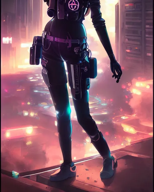 Image similar to anime key visual of a young female police officer, neon, futuristic gas mask, cyberpunk, futuristic, stunning, highly detailed, digital painting, artstation, smooth, soft focus, illustration, art by artgerm and greg rutkowski and alphonse mucha