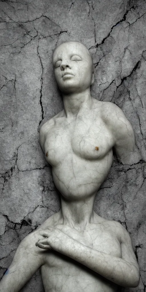 Image similar to weird marble statue close up in a dark room, creepy and eerie athmosphere, mist, godrays, photorealistic, hd,