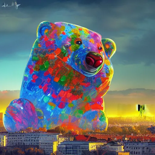 Prompt: stunning painting of an oversized colorful translucent gummy bear towering over panoramic budapest, destroying buildings, hyperdetailed illustration, by artgerm, artstation, unreal engine 5 photorealistic