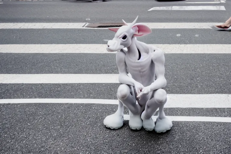 Prompt: closeup potrait of humanoid Mewtwo at a crosswalk in Tokyo, natural light, sharp, detailed face, magazine, press, photo, Steve McCurry, David Lazar, Canon, Nikon, focus