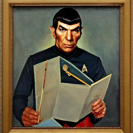 Prompt: a portrait painting Spock from Star Trek painted by Norman Rockwell