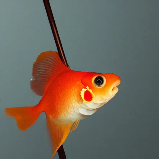 Image similar to “photograph of a ranchu goldfish with a mustache wearing a top hat and a monocle, holding a staff by its fin, hd, high res, high quality, sharp focus, 8k”