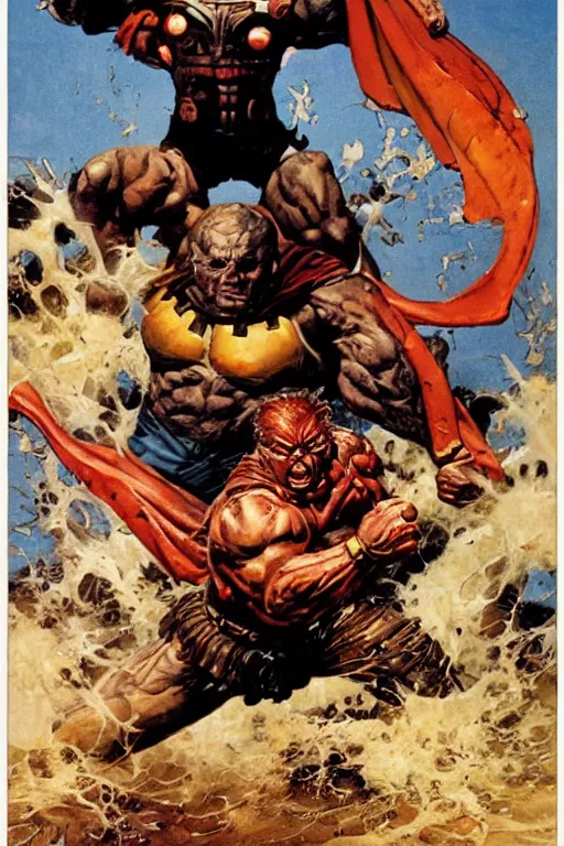 Image similar to dynamic action shot full body and head portrait of dave bautista as superhero juggernaut, painted by norman rockwell and phil hale and greg staples and tom lovell and frank schoonover and jack kirby, dune 1982 movie