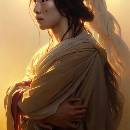 Image similar to portrait painting of a jesus wang, ultra realistic, concept art, intricate details, highly detailed, photorealistic, octane render, 8 k, unreal engine. art by artgerm and greg rutkowski and magali villeneuve and alphonse mucha