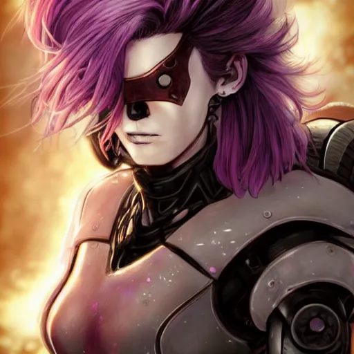 Prompt: extreme close up portrait, pale woman with flowing purple hair in rusty sci - fi power armor, high detail, eyepatch, covered eye, black and red background, stoic, elegant, muscles, powerful, commanding, by stjepan sejic, sunstone, dc comic, marvel comic