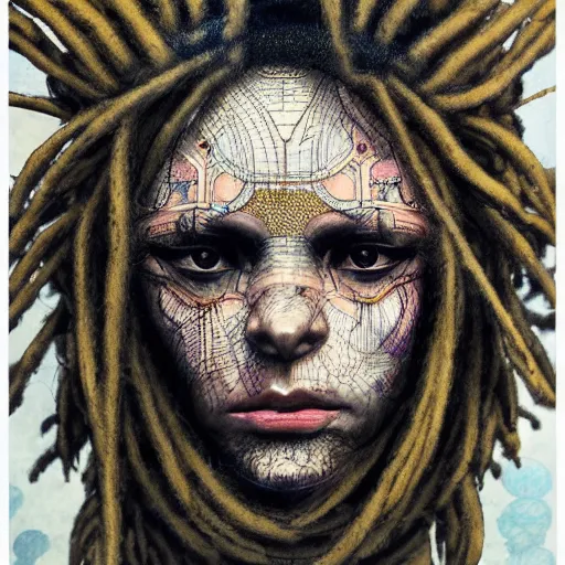 Image similar to a beautiful ukiyo painting of robot with dreadlocks, wearing space techwear, detailed symmetrical close up portrait, intricate complexity, by takato yamamoto, wlop, krenz cushart. cinematic dramatic atmosphere, sharp focus