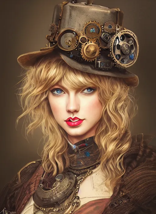 Prompt: steampunk portrait of Taylor Swift, au naturel, hyper detailed, digital art, trending in artstation, cinematic lighting, studio quality, smooth render, unreal engine 5 rendered, octane rendered, art style by klimt and nixeu and ian sprigger and wlop and krenz cushart