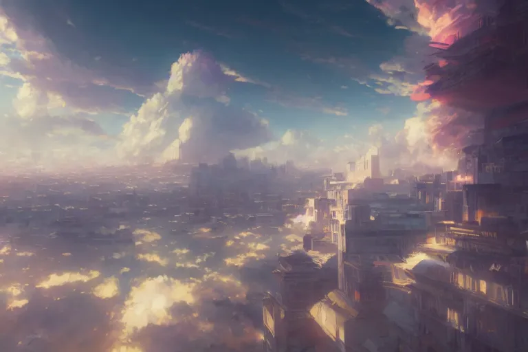 Image similar to ultra realistic city floating on clouds, colors, 8 k, hd, details, fantasy, epic, ancient city, landscape illustration concept art anime key visual trending pixiv fanbox by wlop and greg rutkowski and makoto shinkai and studio ghibli and kyoto animation symmetrical facial features