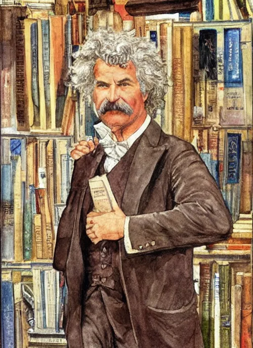 Image similar to realistic portrait of mark twain surrounded by a frame of books, art by harvey dunn and howard pyle and walter crane, illustration, watercolor art,