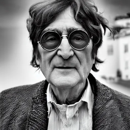 Image similar to old john lennon singer at age 9 0 years old, color ( sony a 7 r iv, symmetric balance, polarizing filter, photolab, lightroom, 4 k, dolby vision, photography award ), vogue, perfect face