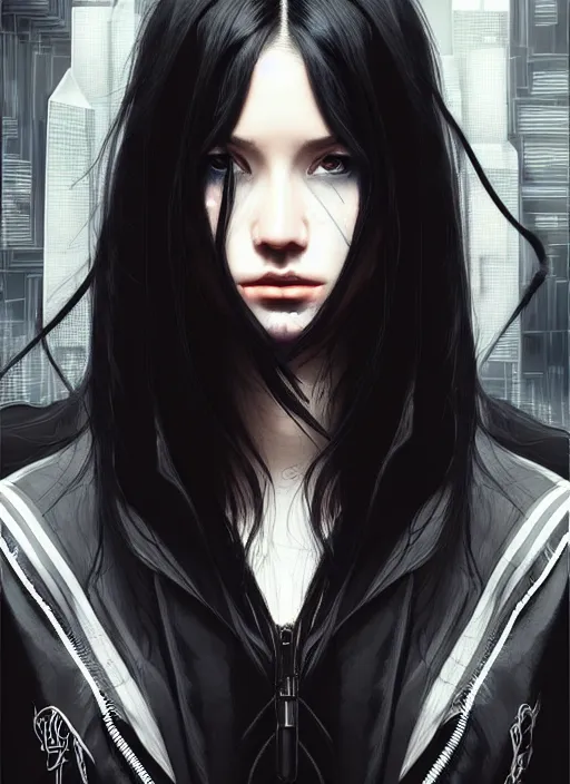 Image similar to portrait of long black hair girl within a streetwear. cynical face, concept art, cyberpunk illustration, intricate, highly detailed 8 k, smooth, matte, sharp focus, rim light, beautiful and aesthetic shape of face and body, artgerm, artstation, art by gharliera and rinotuna and junpei