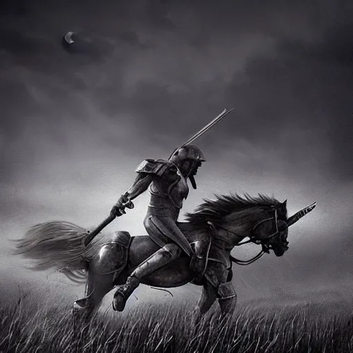 Image similar to a haunting Digital art of a tired spartan soldier riding a skeleton horse on the battlefield in the style of photo-realistic , acrylic, bleak, moonlight, detailed, dark, ominous, threatening, haunting, forbidding, gloomy,stormy, doom, apocalyptic,sinister, shadowy, ghostly,unnerving, harrowing, dreadful ,frightful, shocking, terror, hideous, ghastly, terrifying