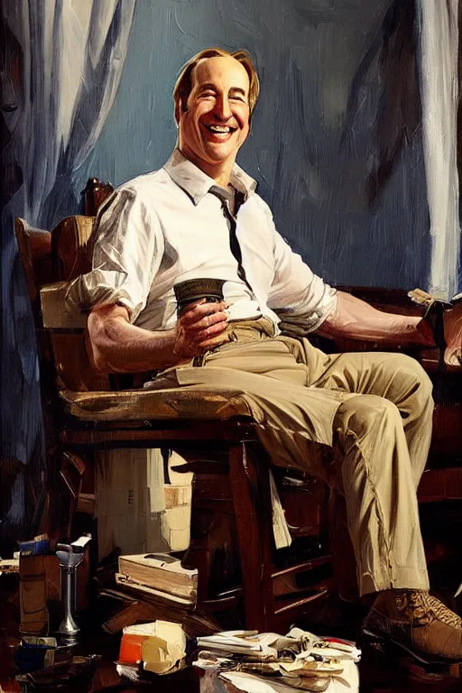 Image similar to bob odenkirk smiling surrounded by bare feet,'bare feet '!!!! painting by jc leyendecker!! phil hale!, angular, brush strokes, painterly, vintage, crisp