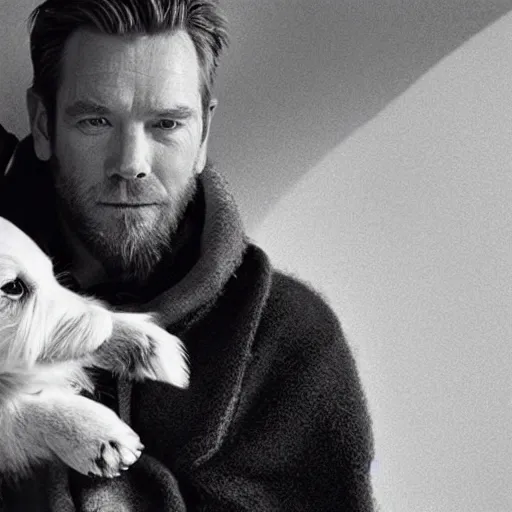 Prompt: ewan mcgregor as obi - wan kenobi petting a puppy, spontaneous portrait, rule of thirds, perfect fact