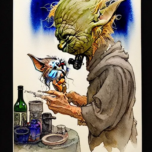 Image similar to a realistic and atmospheric watercolour fantasy character concept art portrait of a sleazy homeless chibi yoda wearing a wife beater drinking out of a broken bottle, by rebecca guay, michael kaluta, charles vess and jean moebius giraud