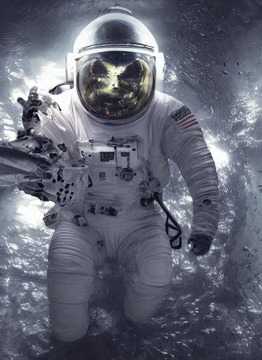 Image similar to cgi poster by craig mullins astronaut in futuristic dark and empty spaceship underwater. infrared glowing lights. complex and hyperdetailed technical suit. reflection and dispersion materials. rays and dispersion of light. volumetric light. 5 0 mm, f / 3 2. noise film photo. flash photography. unreal engine 4, octane render. interstellar movie art
