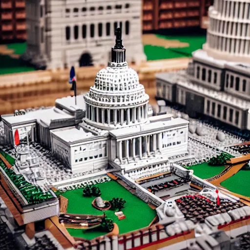 Image similar to washington dc, capitol building, legos, legoset, vintage, aerial view, double - exposure, 3 d, floodlight, ray tracing reflections