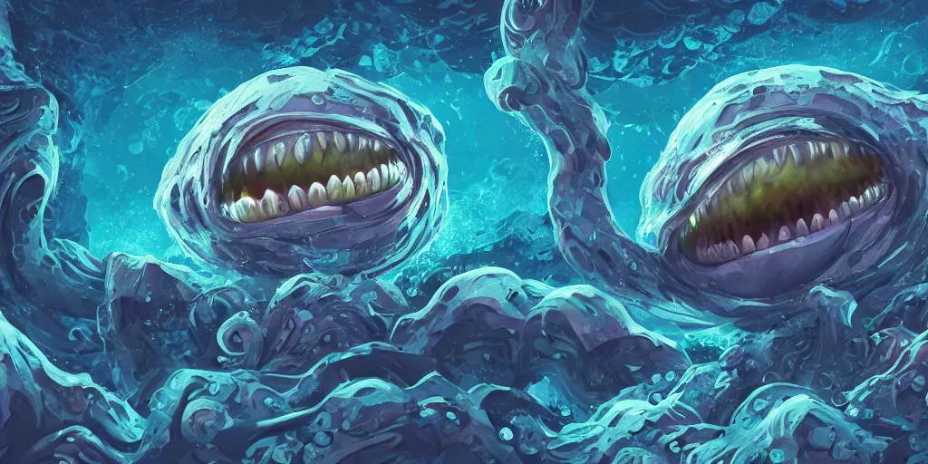 Image similar to of an intricate deep sea with strange cute friendly happy creatures with huge eyes, long tongue, round teeth and goofy funny face, appearing from the background, in the style of gehry and gaudi, macro lens, shallow depth of field, ultra detailed, digital painting, trending artstation, concept art, illustration, cinematic lighting, photorealism, epic, octane render