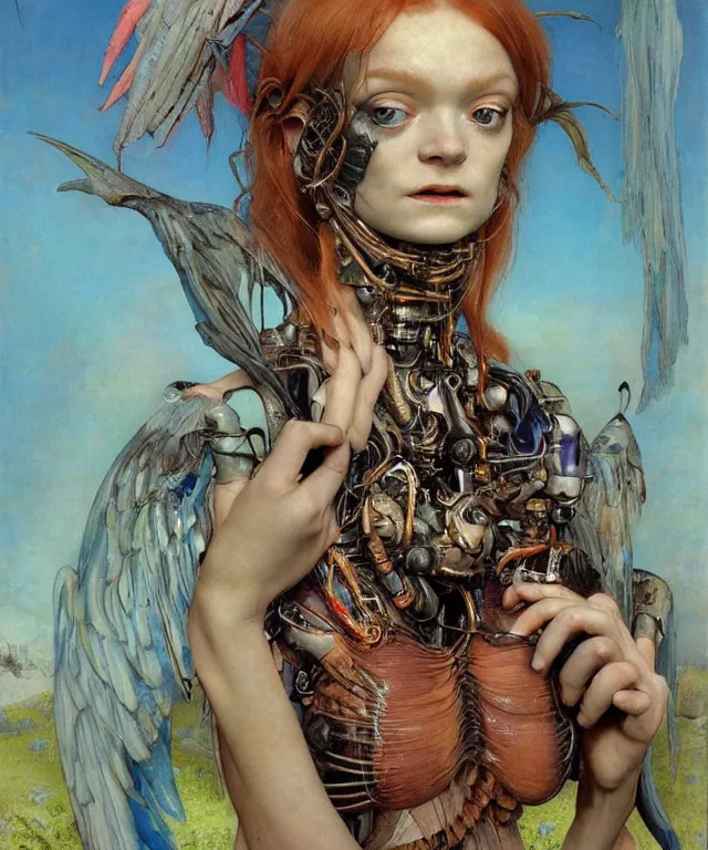 Prompt: a portrait photograph of a harpy cyborg with slimy skin being transformed into a beautiful alien. she looks like sadie sink and is wearing a colorful infected sleek organic catsuit. by donato giancola, hans holbein, walton ford, gaston bussiere, peter mohrbacher and brian froud. 8 k, cgsociety, fashion editorial