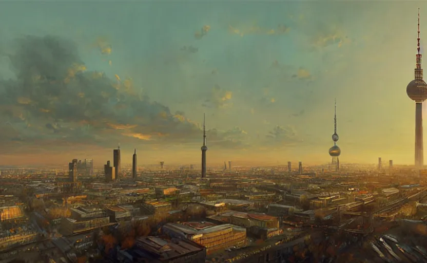 Image similar to painting of skyline of berlin with television tower at sunset, natural light, concept art, by greg rutkowski, cozy atmospheric and cinematic lighting