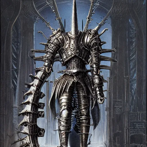 Image similar to a medieval styled cyborg armor, by hr giger, kentaro miura, wayne barlowe, bloodborne, dark souls, breathtaking, sense of awe, extremely detailed, intricate wiring,