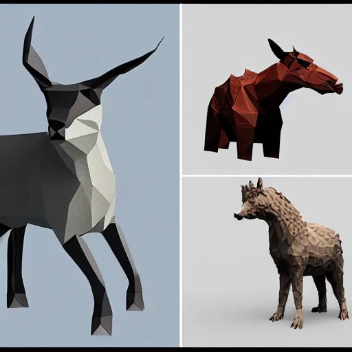 Prompt: low-poly models of various kinds of animals