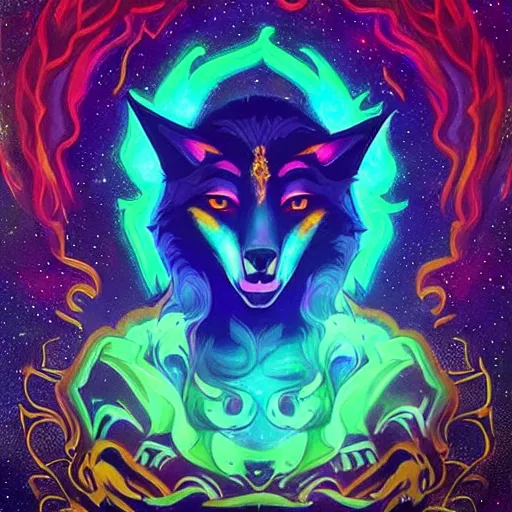 Image similar to a stylized blacklight painting of an avatar of an awesome cosmic powerful luxurious foxfolk mage themed around death and nebulas, in the style of dnd beyond avatar portraits, beautiful, artistic, elegant, lens flare, magical, lens flare, nature, realism, stylized, art by jeff easley