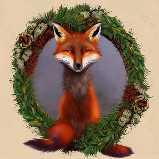 Image similar to fox wearing a wreath, fantasy art, trending on artstation