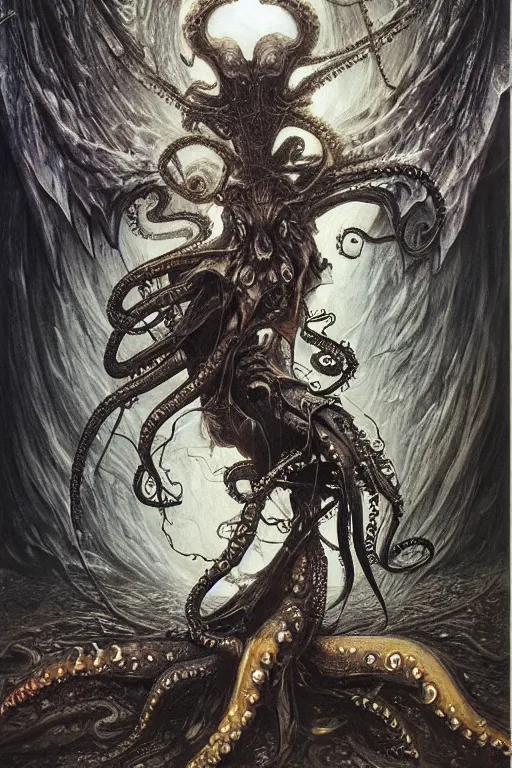 Image similar to life and death mixing, demonic wings, octopus tentacles, fireflies, hyperdetailed, 4 k, trending on artstation, dark and gloomy, demonic, cinematic, artgerm, h. r. giger, francis bacon, gustave moreau, luis royo