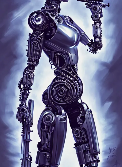 Prompt: portrait of a beautiful female robot from the future wearing biomechanical armor, selena gomez, carrying a rifle, intricate, elegant, glowing lights in armor, highly detailed, digital painting, artstation, glamor pose, concept art, smooth, sharp focus, illustration, epic angle, art by artgerm and greg rutkowski, artey freytag, alvin schwartz