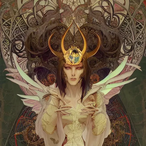 Prompt: beautiful baphomet king, left hand up, right hand down, ad above so below, with wings and tentacles worshiping, artstation by alphonso mucha and jean giraud and craig mullins and ian mccaig and feng zhu and peter mohrbacher