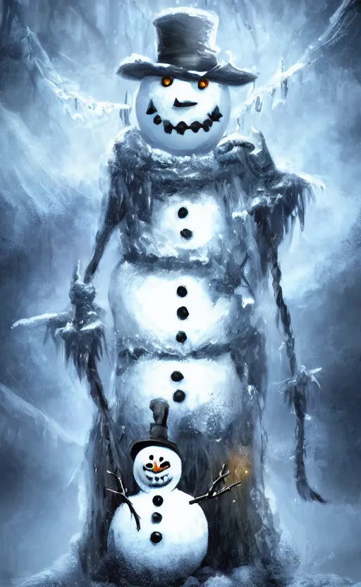 Image similar to a a full body portrait of monster jack frost the snowman, in the middle of a village in the snow, dynamic lighting, photorealistic dark fantasy concept art, trending on art station, stunning visuals, creative, cinematic, ultra detailed, scary art, monster