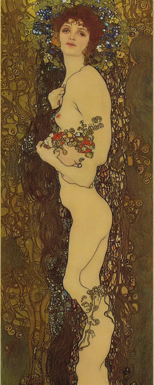 Prompt: beautiful portrait of the fertility goddess, drawing by Klimt and Alphonse Mucha