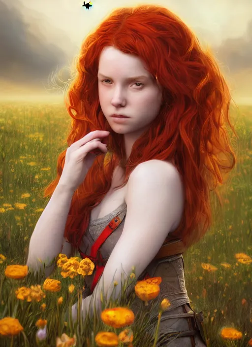 Image similar to An epic fantasy comic book style portrait painting of a young red headed girl with a tiny bright golden bee engraved on her exposed shoulder in a field of flowers , unreal 5, DAZ, hyperrealistic, octane render, cosplay, RPG portrait, dynamic lighting