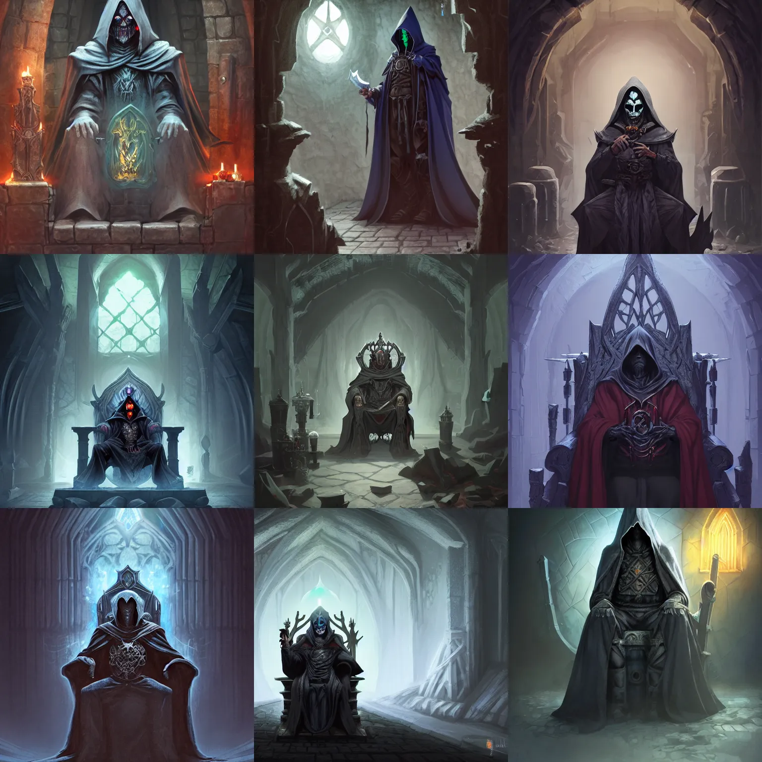 Prompt: lich wizard necromancer sitting on a throne inside dungeon crypt, wearing a dark hood and completely blank mask, gray stone wall behind him by Stanley Artgerm Lau, WLOP, Rossdraws, James Jean, Andrei Riabovitchev, Marc Simonetti, and Sakimichan