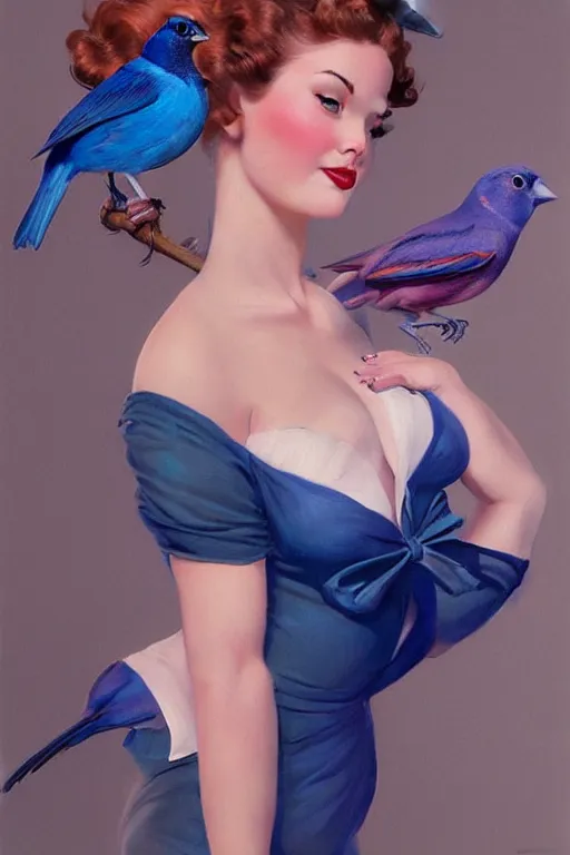 Image similar to hyper realistic painting, pinup girl holding an indigo bunting, bird, the bird is wearing a bowtie, by greg rutkowski, rossdraws, gil elvgren, enoch bolles, anime, artgerm, porcelain skin, glistening, very coherent,