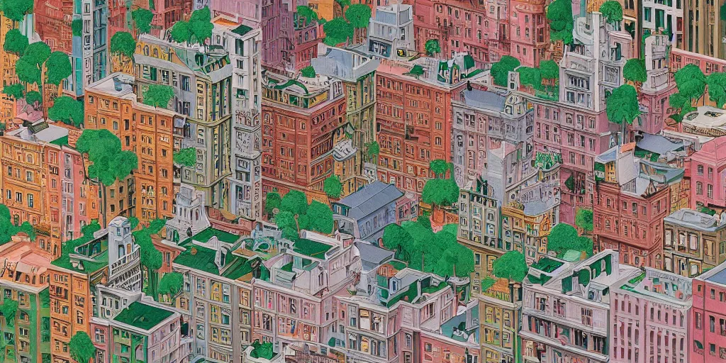 Image similar to A cityscape illustrations, by Wes Anderson, hyper detailed, intricate