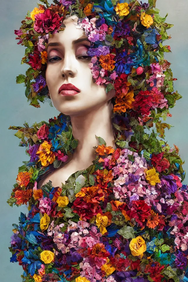 Image similar to a sculpture made of vine and colorful flowers, bust, single portrait, queen, future, epic, harper's bazaar, vogue, magazine, insanely detailed and intricate, concept art, ornate, luxury, elite, elegant, trending on artstation, by Ruan Jia, Kenneth Willardt, Ross Tran, WLOP, Andrei Riabovitchev.