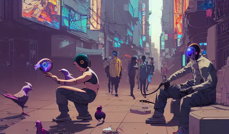 Prompt: cyborg feeding electric pigeons at a dirty crowded streetcorner, cyberpunk, by Josan Gonzalez and Tomer Hanuka and Moebius and Brad Rigney and Greg Rutkowski,highly detailed, UHD, 8K, Ghost in the shell, Blade Runner, (high contrast), bokh, dof