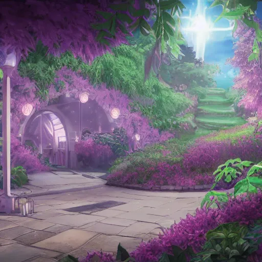 Prompt: paradise with a christian cross as the light is shining at the end of the tunnel, with pale purple and pale pink lighting, cute, aesthetic, anime, with a few vines and overgrowth, studio ghibli, cinematic, painting, high definition, digital art, symmetrical, very detailed, extremely high detail, photo realistic, concept art, unreal engine 5,