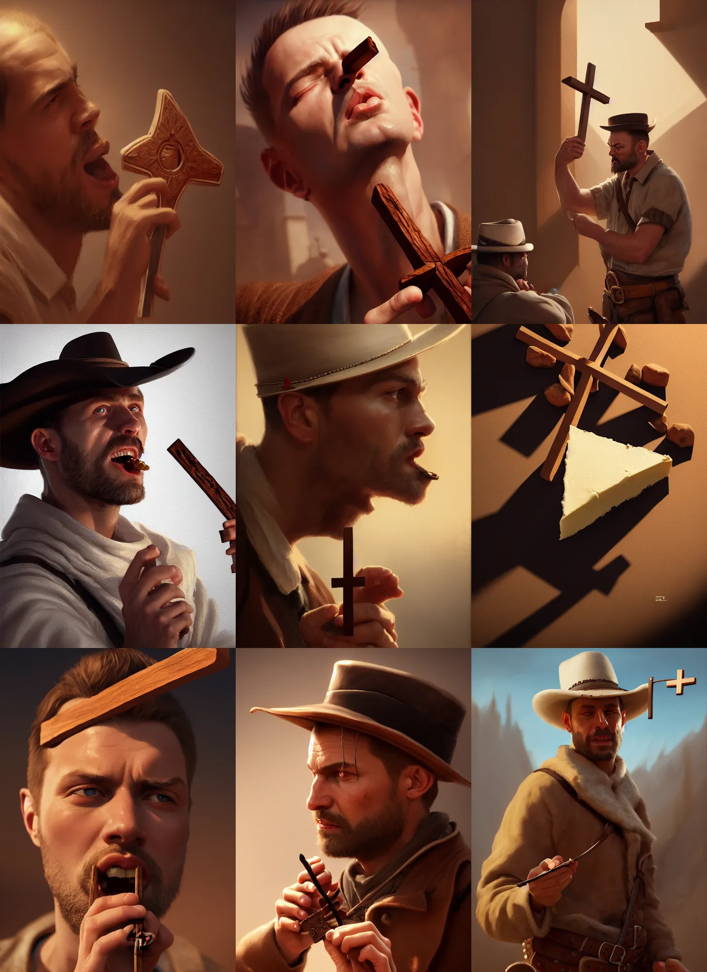 Prompt: jan pawel 2 eating a creampie with andrzej duda holding a cross in wild west, smooth, subtle shadows, fine details, octane render, stunning, intricate, elegant, highly detailed, digital painting, artstation, smooth, sharp focus, raw