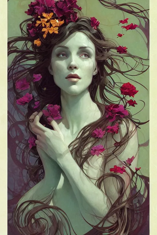 Prompt: profile portrait of a beautiful mysterious woman underwater, holding a bouquet of flowers, hands hidden, by eve ventrue, michael carson, andreas rochas, john watkiss, casey weldon, artgerm. art nouveau. tarot card by mucha. gloomhaven. swirly intricate linework background. gaudy colors, sharp edges. octane render