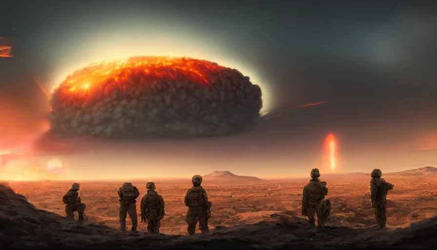 Prompt: troops on sand hill watching nuclear explosion on las vegas in the distance, nuclear cloud, hyperdetailed, artstation, cgsociety, 8 k