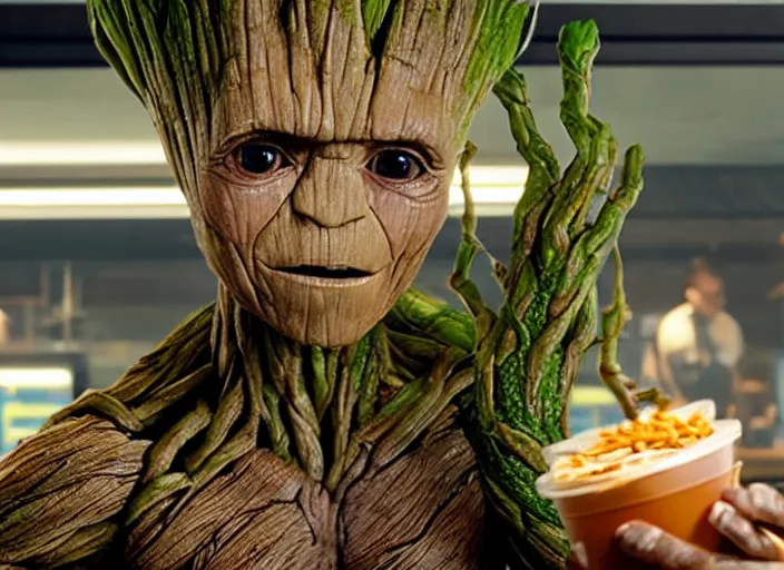 Prompt: film still of Groot working at McDonald's in the new Avengers movie, 4k