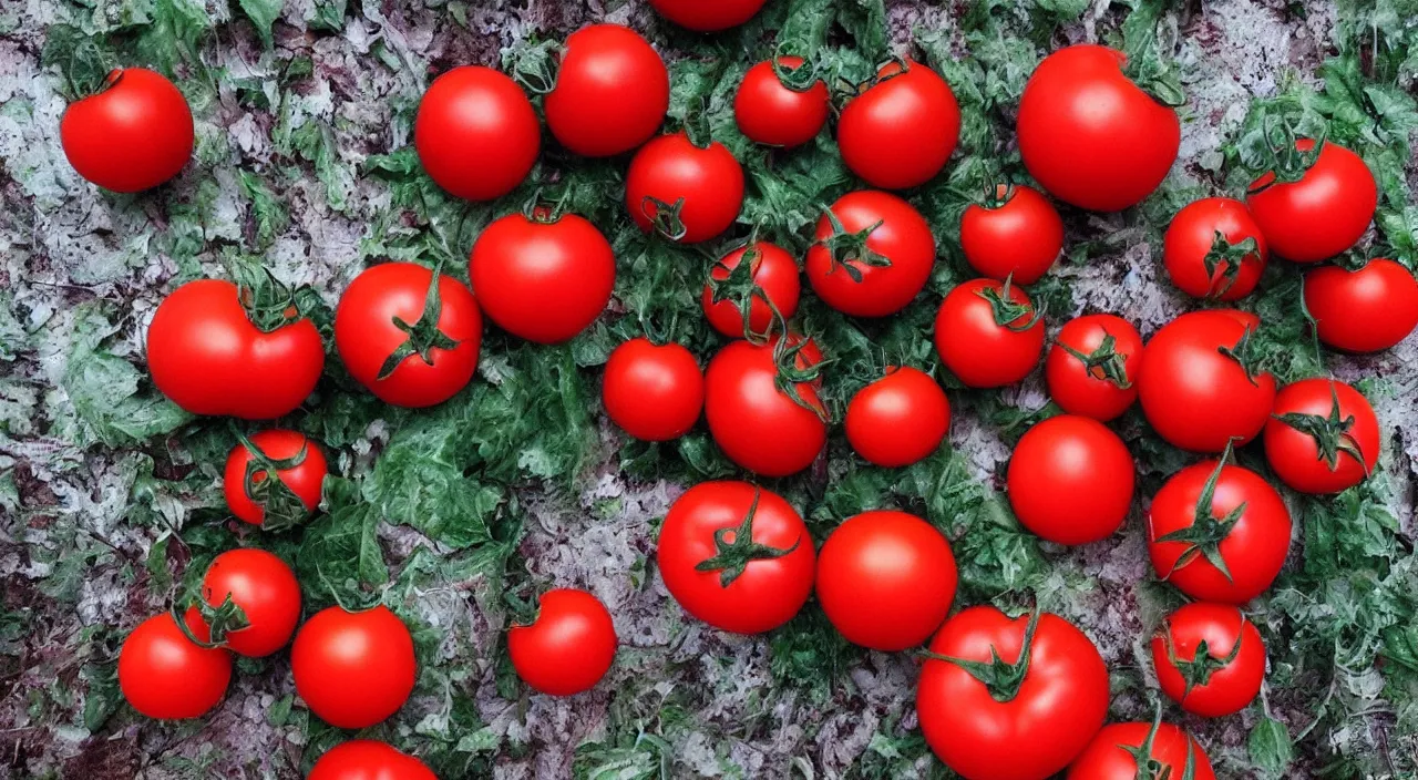 Image similar to “ a frighteningly red tomato, too red, glowing with an unearthly intensity, halos of light ”